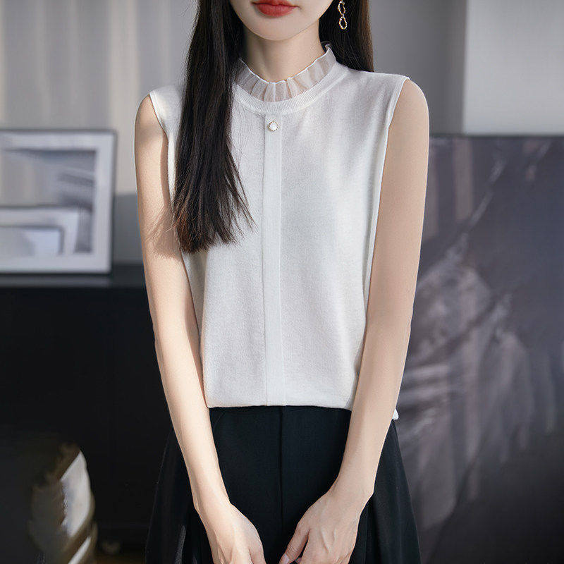 2026春季蕾丝内搭无袖羊毛衫木耳边衬衫针织打底衫背心女立领气质