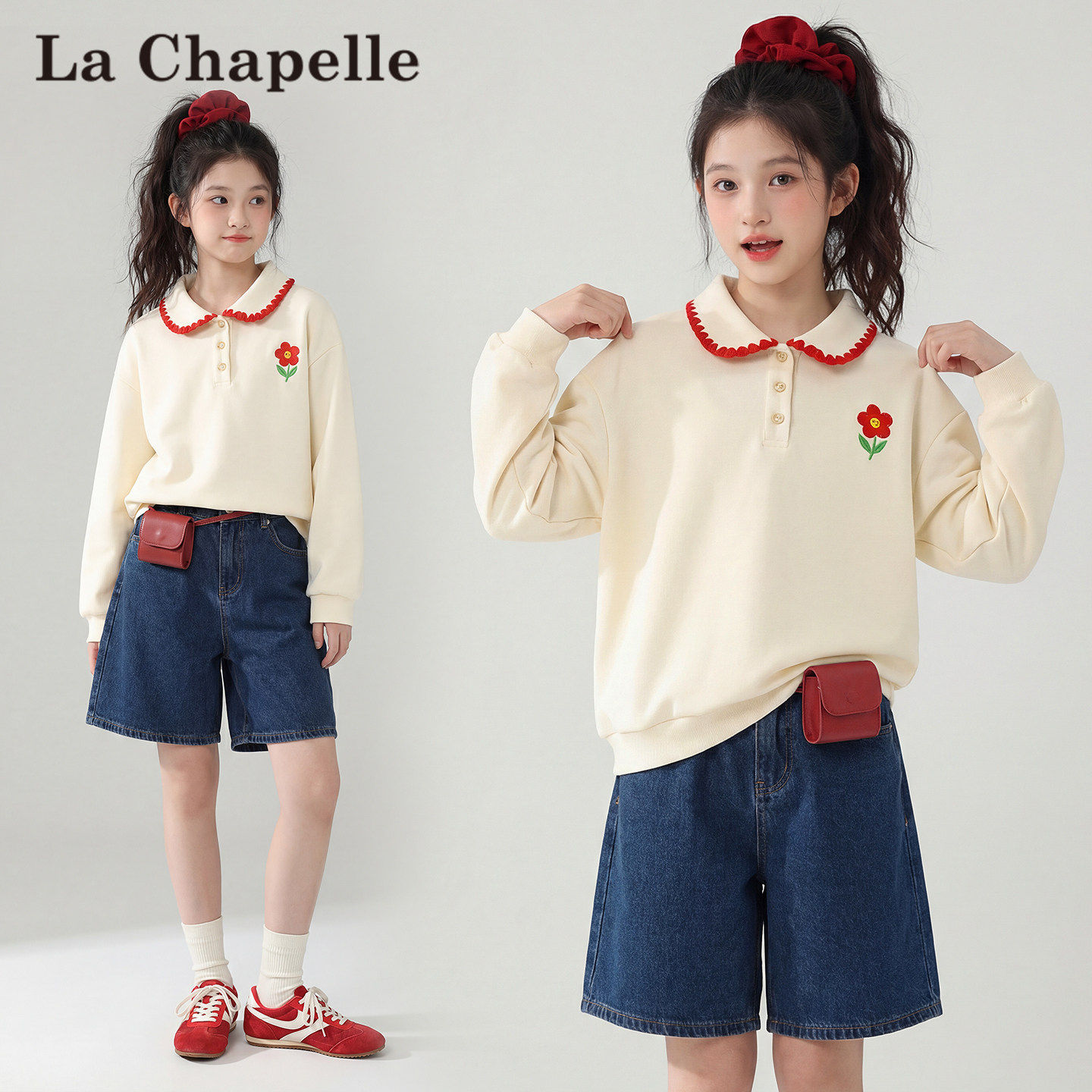 拉夏贝尔童装女童卫衣春秋款2026新款女孩polo衫儿童春装刺绣上衣
