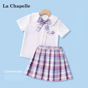 拉夏贝尔女童裙子套装2024新款学院风大童jk制服夏季儿童短袖t恤