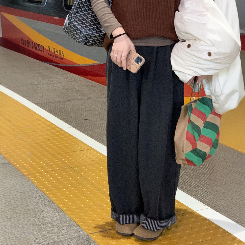 深灰色加厚磨毛阔腿裤卷边直筒裤