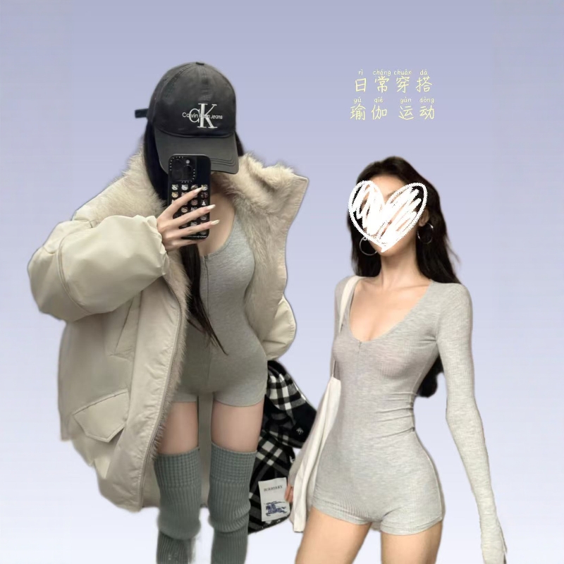 欧美风拉链开领长袖连体衣