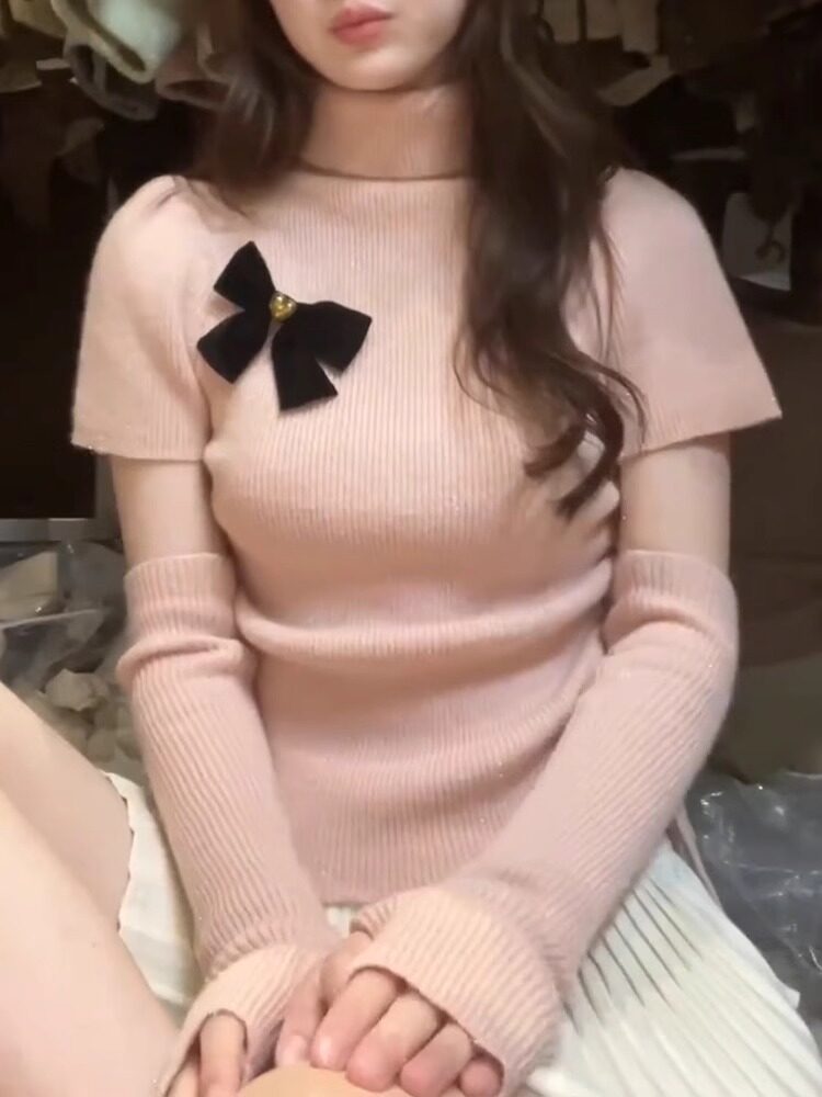 粉色甜美纯欲风针织衫女春秋ins蝴蝶结设计感修身短款带袖套上衣