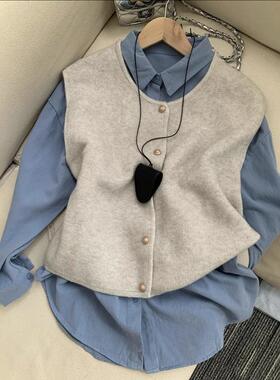 韩系复古蓝色翻领高级感衬衫叠穿针织马甲背心ins秋季上衣两件套