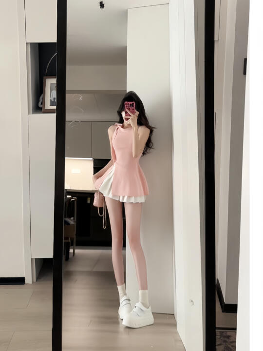 粉色纯欲风开叉设计感冰丝针织衫