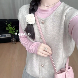 韩系甜美温柔粉色打底衫 叠穿针织坎肩马甲ins秋冬漂亮穿搭两件套