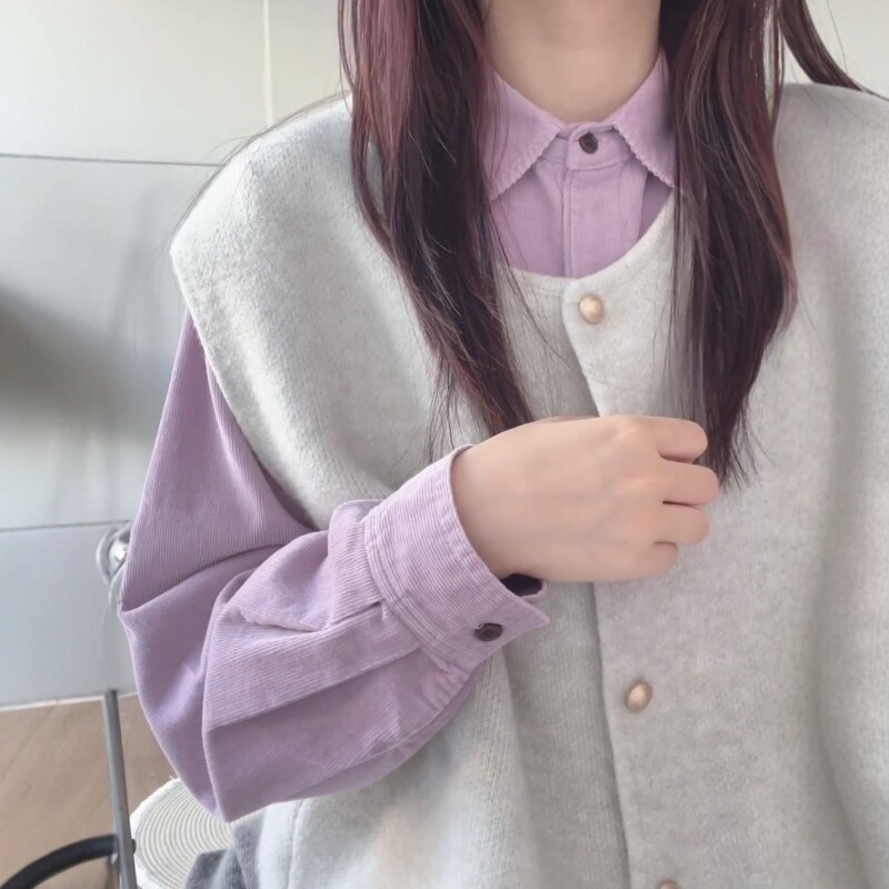 韩系通勤简约叠穿上衣两件套ins秋季新款灯芯绒衬衫搭配针织马甲,女装/女士精品,时尚套装,淘宝优惠券,粉丝福利购,淘宝优惠卷