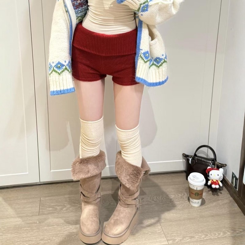 红色复古圣诞氛围感针织毛线短裤女2026秋冬新款紧身辣妹阔腿裤