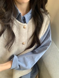 叠穿针织马甲坎肩两件套女ins春秋新款 衬衫 穿搭 气质翻领长袖 韩版