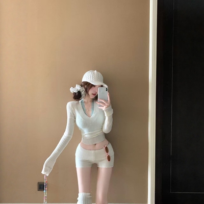 美式漫画显腿长针织短裤毛线裤子