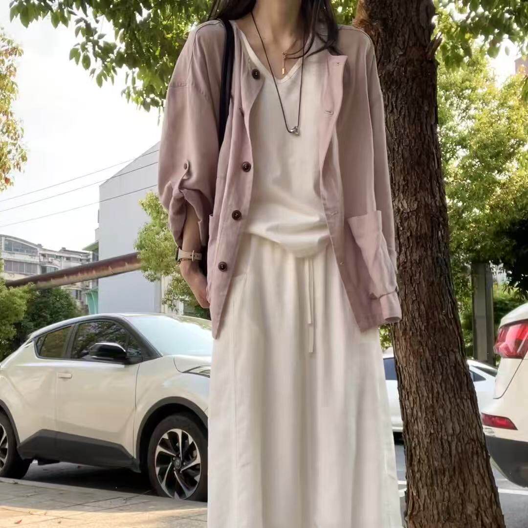 巨好看韩系粉紫色长袖防晒衬衫女宽松慵懒风开衫上衣叠穿背心套装