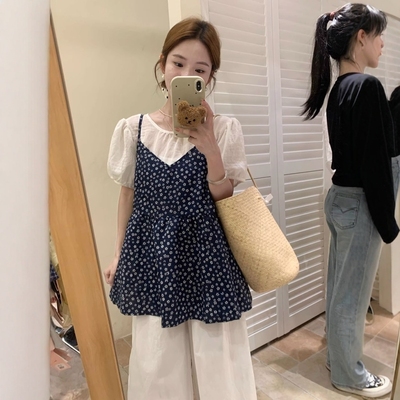 韩系温柔风碎花上衣两件套阔腿裤