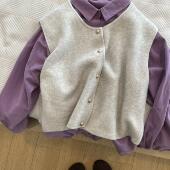 翻领衬衫 今年流行复古叠穿上衣两件套女秋季 紫色长袖 搭配针织马甲