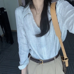 宽松百搭气质长袖 新款 上衣 女2025秋季 韩系通勤高级感V领条纹衬衫