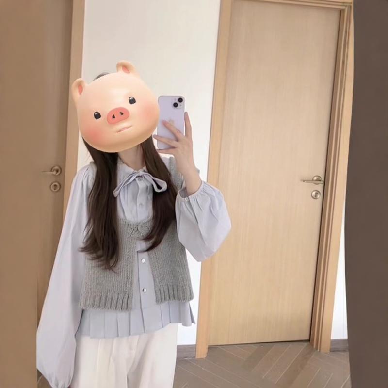 韩系绑带蝴蝶结衬衫叠穿针织马甲