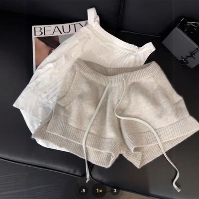 燕麦色针织休闲短裤毛线阔腿裤女