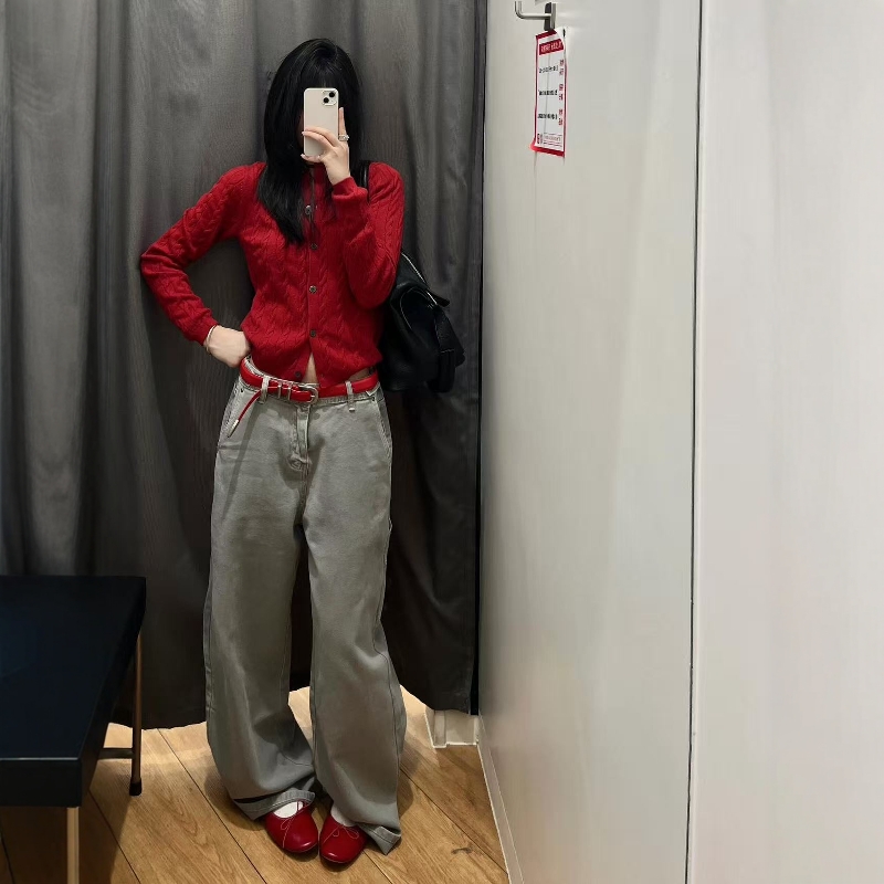 枣红色麻花针织开衫外套女
