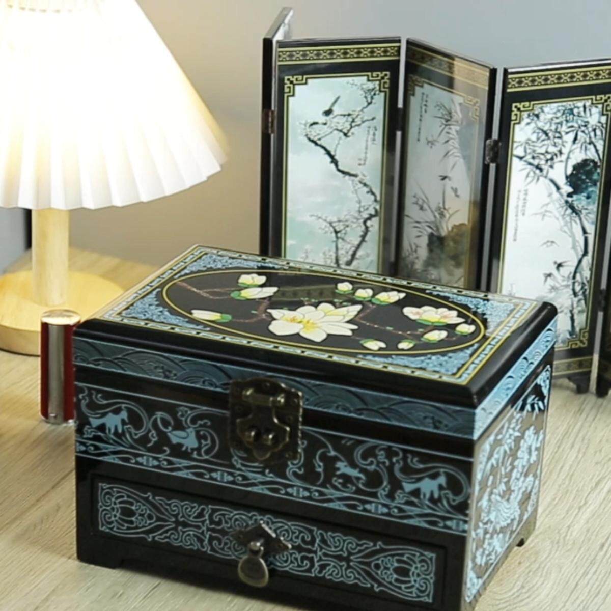 大容量首饰盒实木首饰收纳盒古风珠宝盒高级感三金结婚盒子漆器