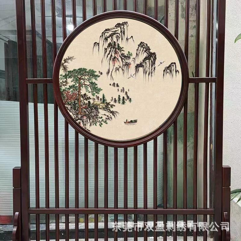 新款圆形中tb-gh002式刺绣双面画绣屏风玄关客厅硬电视 沙发装饰图片