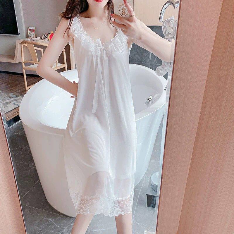 吊带睡裙女夏款网纱蕾丝纯棉2026年新款性感宫廷白色睡衣裙子夏季