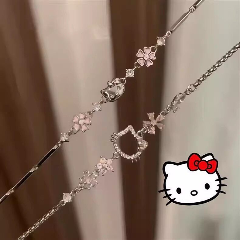 HelloKitty桃花闺蜜手链女甜美高颜值简约甜妹小众百搭银色手饰品