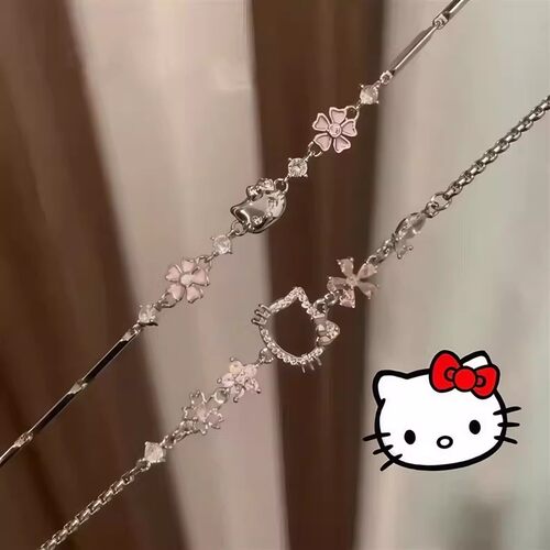 HelloKitty桃花闺蜜手链女甜美高颜值简约甜妹小众百搭银色手饰品
