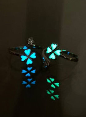 日韩elemexsu小众四叶草夜光戒指活口可调节情侣一对指环送女友