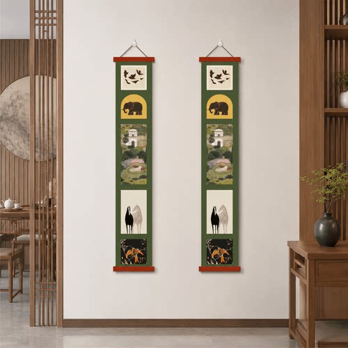 新中式轻奢复古长条挂画飞鸟大象庭院双马花鸟玄关客厅卧室墙面画