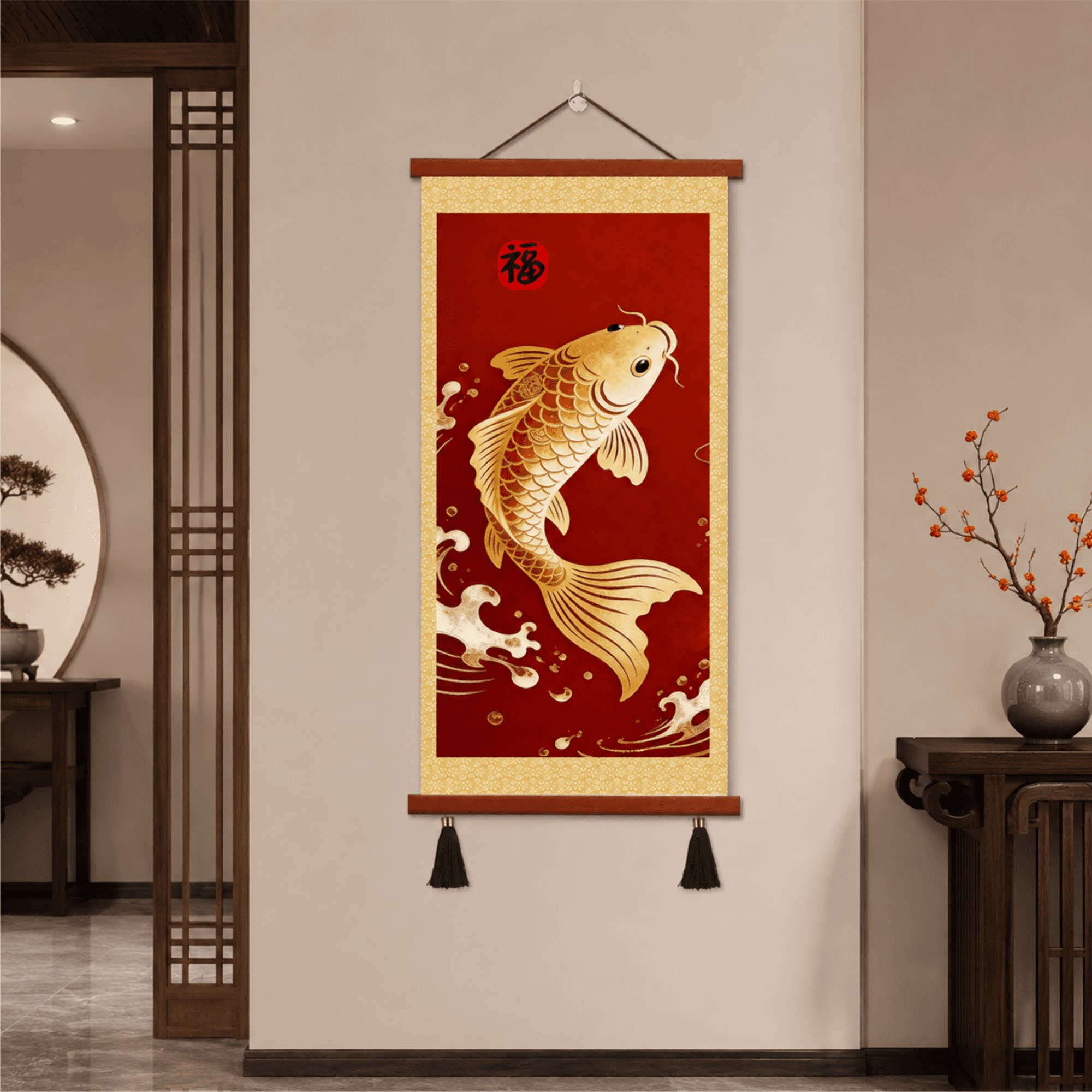 轻奢新中式玄关锦鲤送福装饰画走廊过道竖版挂画客厅招财墙面壁画