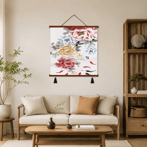 精品新中式客厅玄关书房九鱼牡丹挂画国风轻奢高级感墙面装饰壁画
