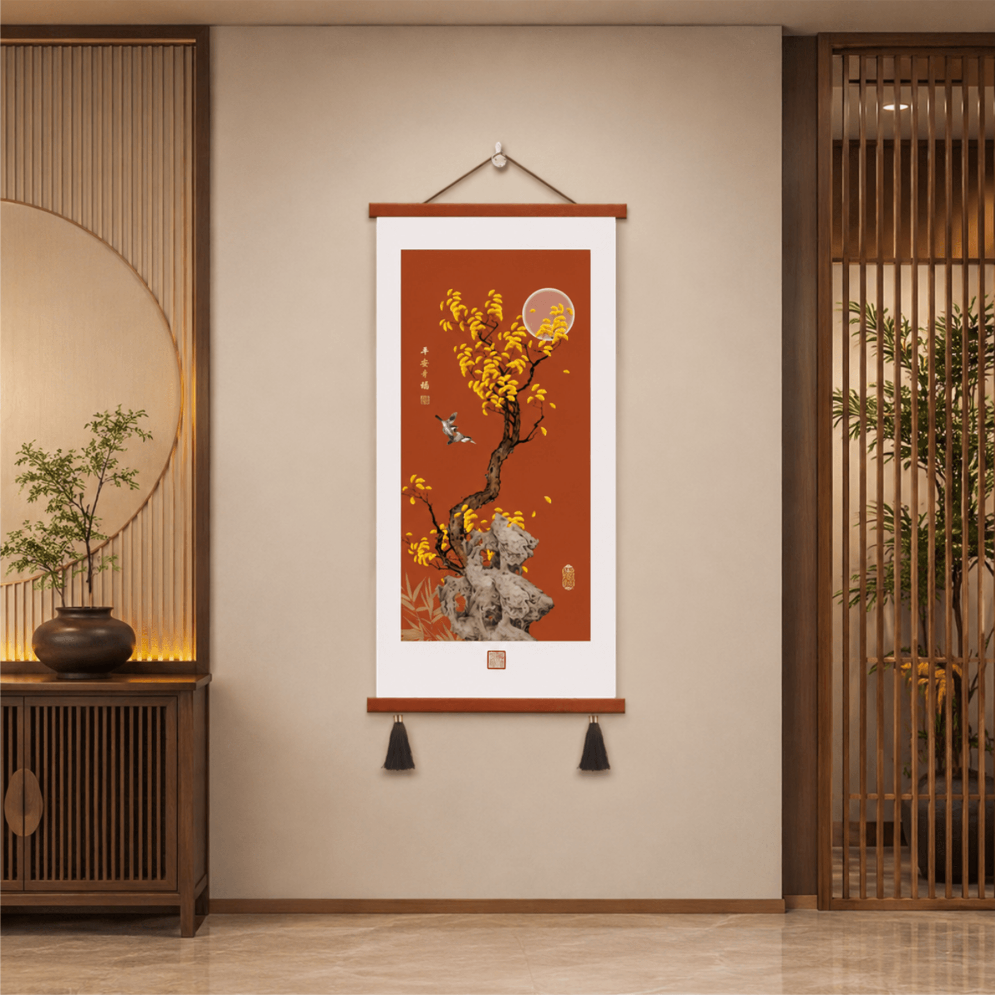 新中式轻奢入户玄关银杏花鸟装饰画室客厅走廊竖版平安喜乐挂画