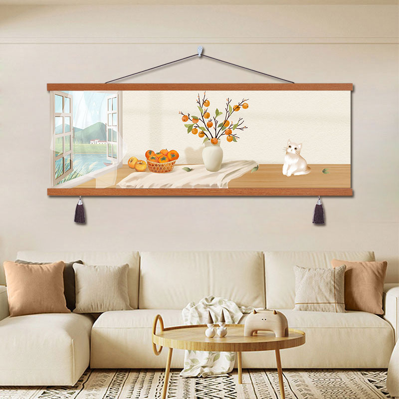 治愈北欧ins奶油风沙发背景墙暖居植物猫咪床头横款客厅装饰画图片