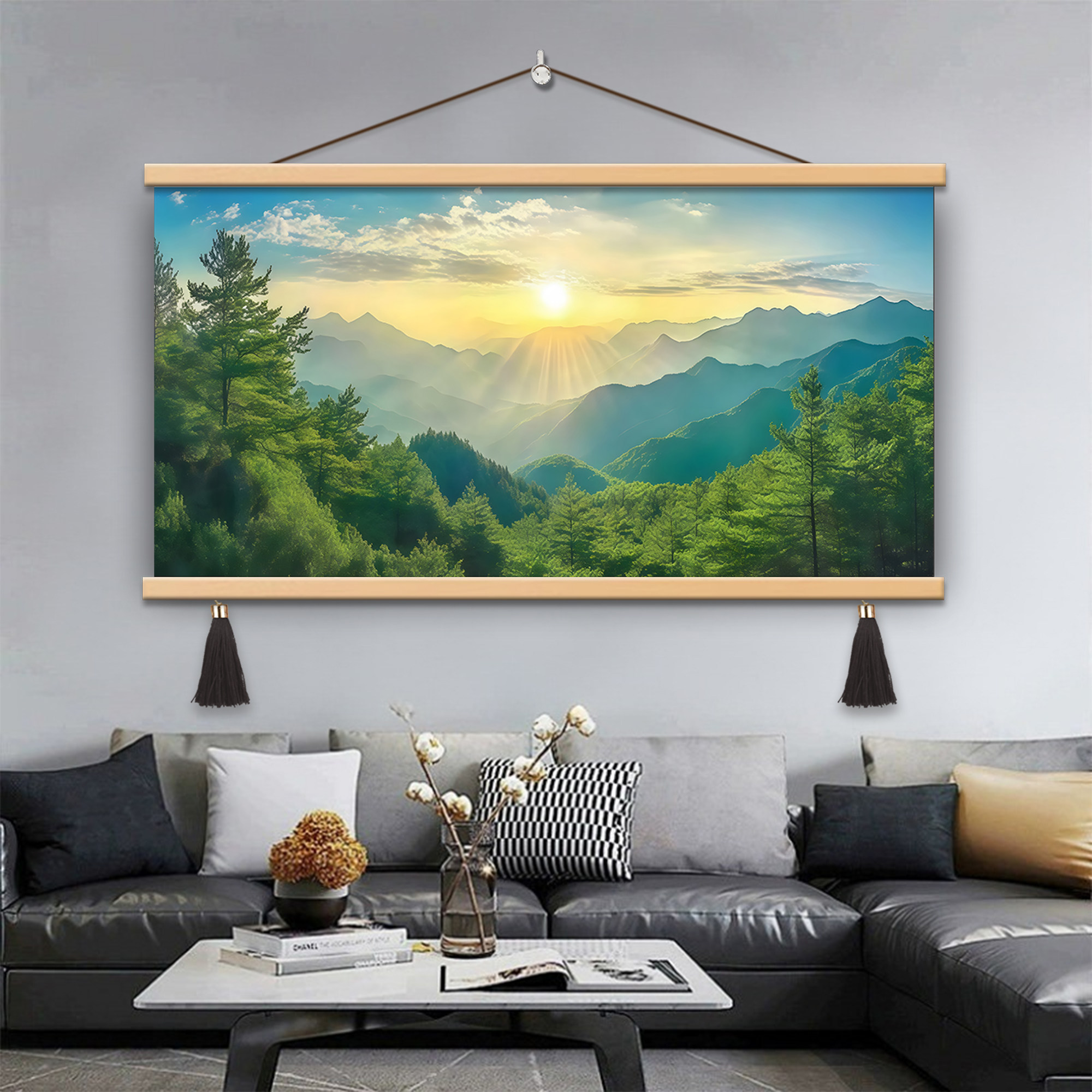 东方现代简约旭日东升客厅背景墙装饰画靠山自然风景画沙发挂画