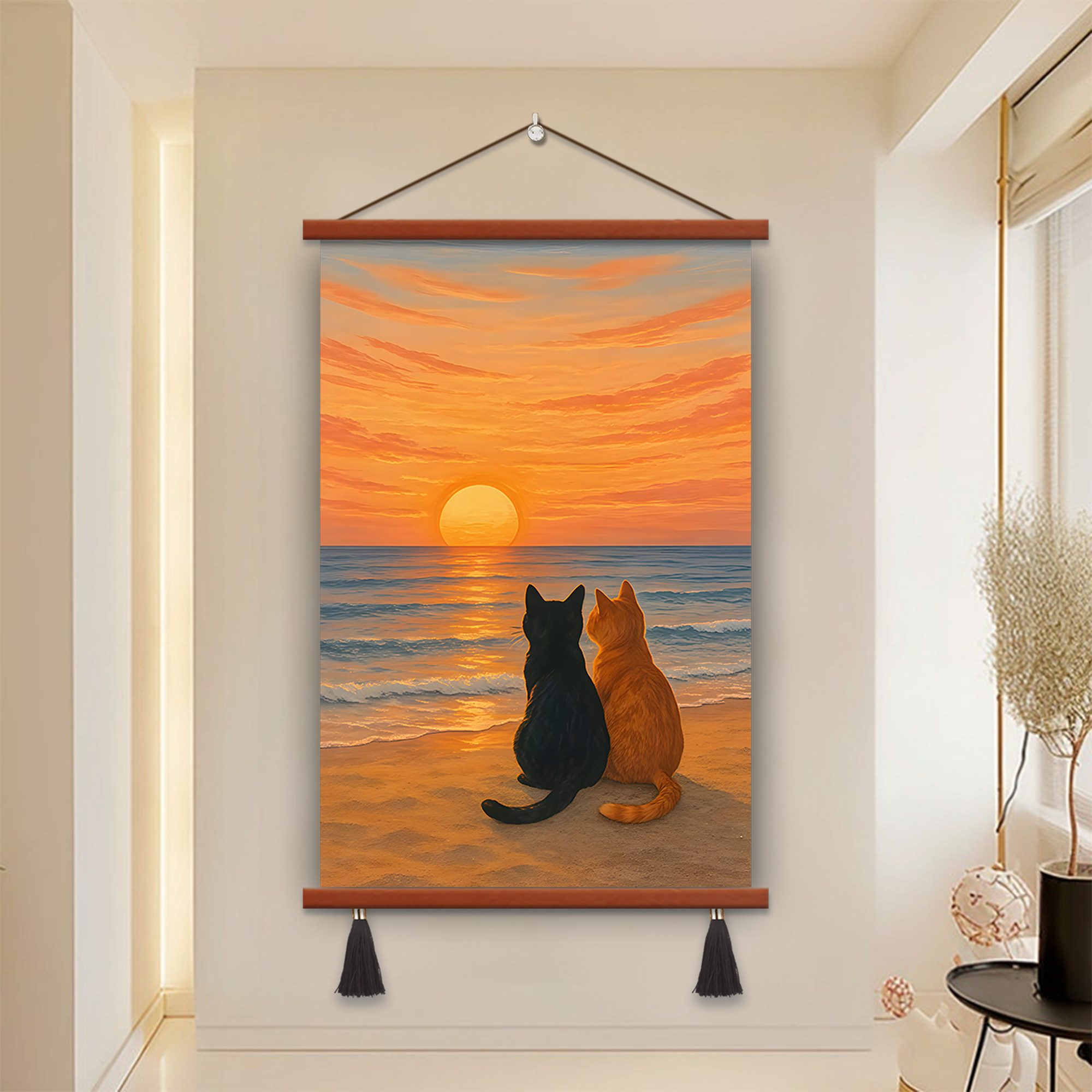 简约唯美海上日出装饰画温馨治愈系墙画猫咪伴侣挂画卧室风景壁画