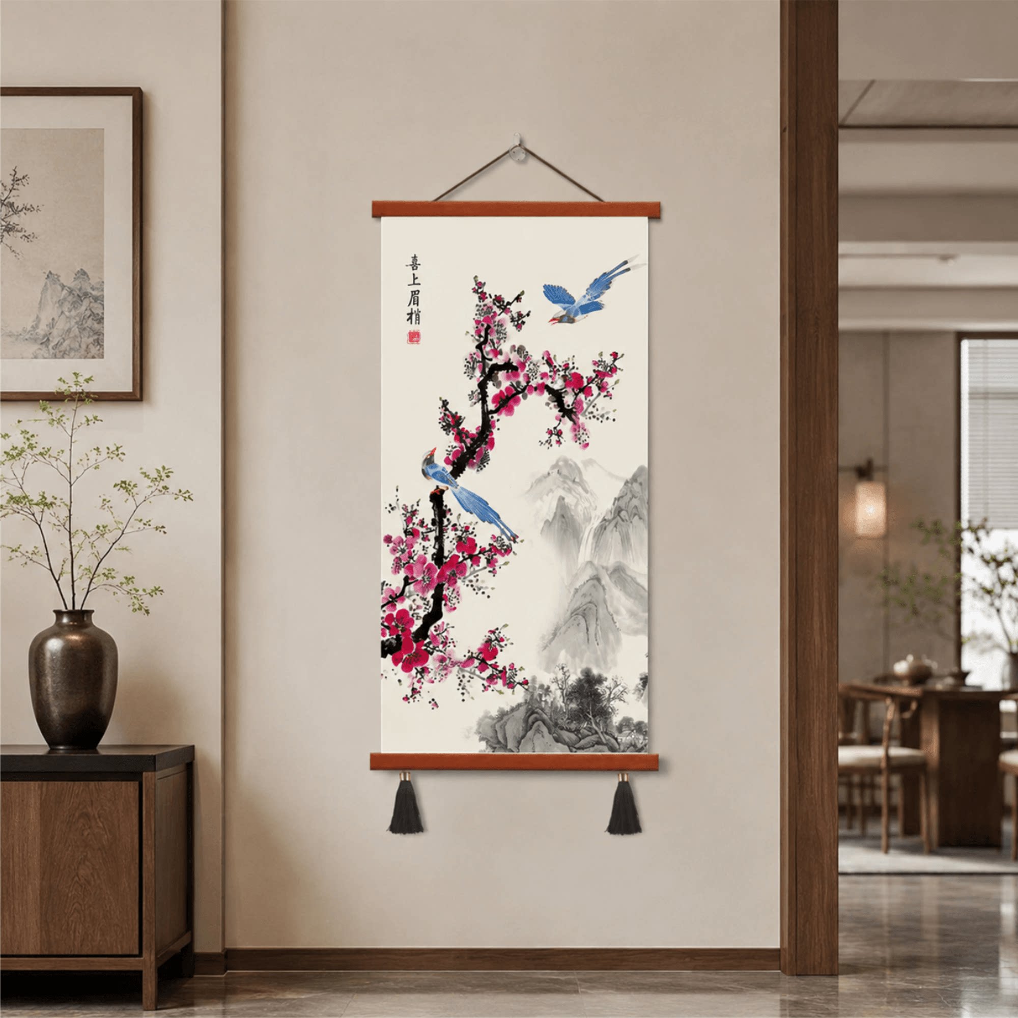 竖版新中式手绘喜上眉梢梅花山水玄关客厅书房餐厅过道墙面装饰画