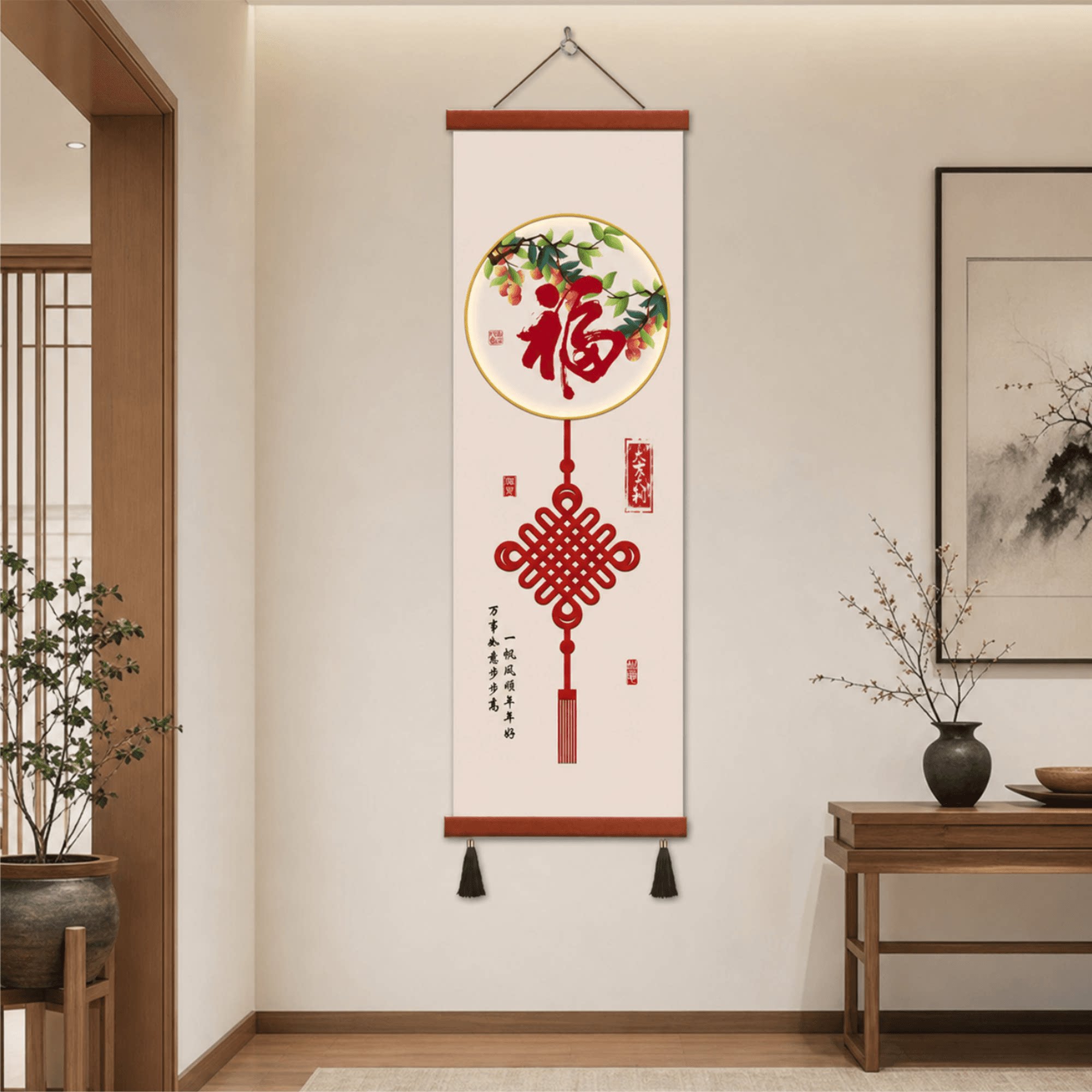 新中式玄关福字中国结挂画客厅走廊过道墙面吉祥如意国风装饰壁画
