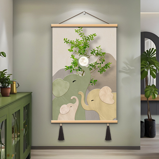 现代简约大象卡通装饰画客厅卧室挂画松木框流苏吊穗30x40