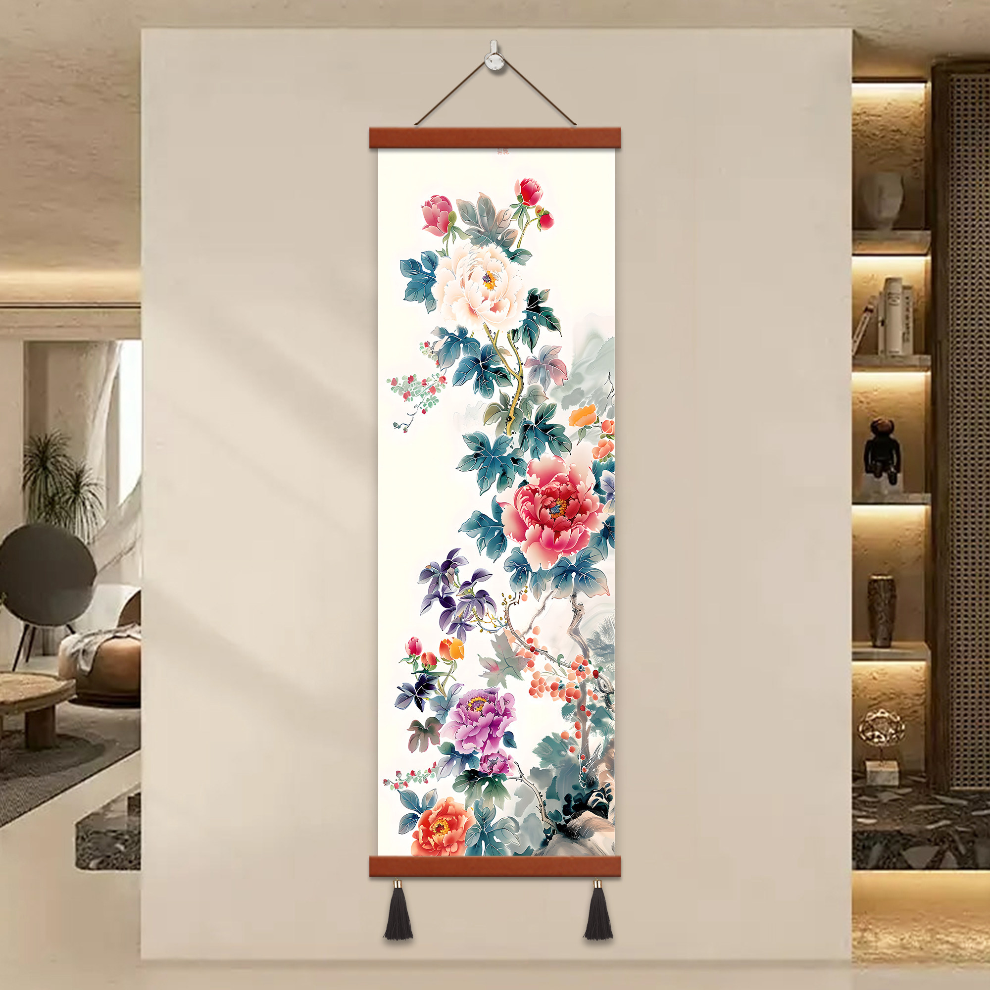 竖款牡丹花开富贵卷轴挂画客厅玄关入户山水字画卧室花鸟装饰国画