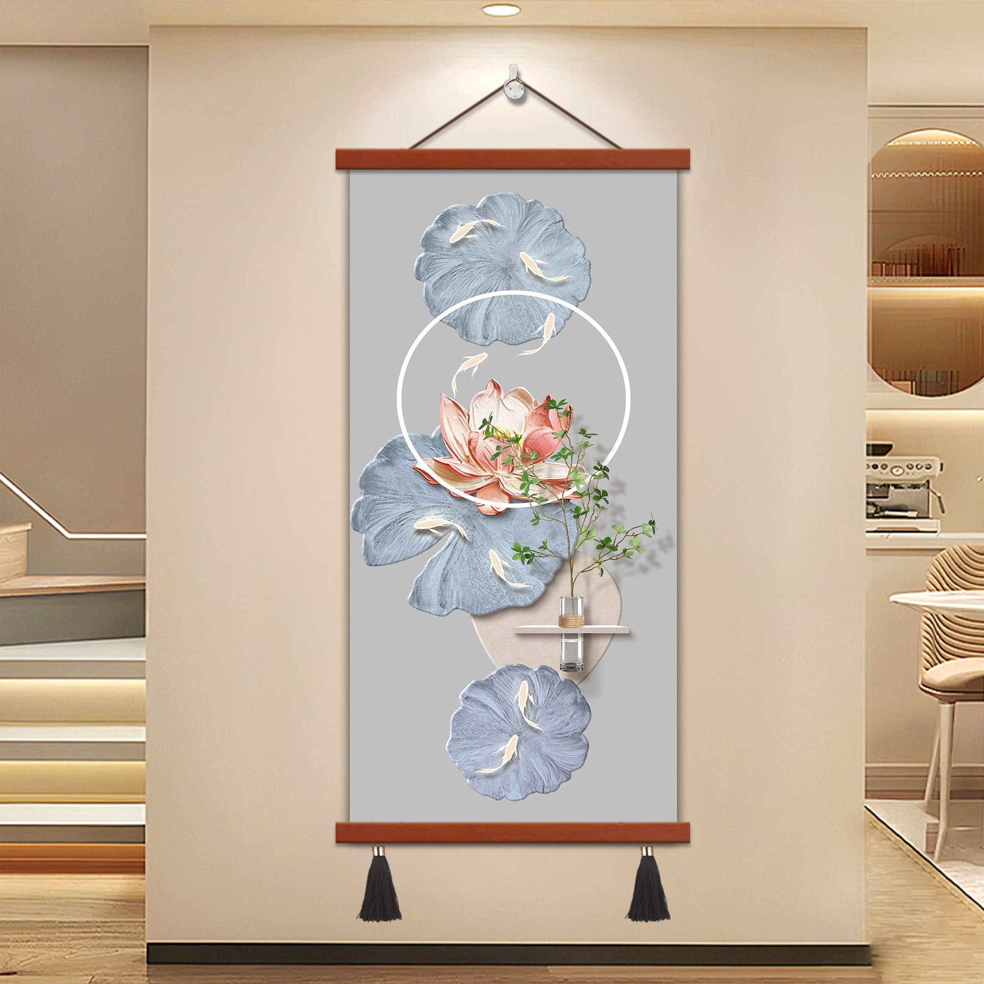 现代九鱼图入户玄关装饰画简约荷花正对门壁画走廊过道高级挂画