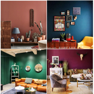 绿色系刷墙涂料室内墙面漆墨绿色摩洛哥脏粉色橙色红色环保水性漆