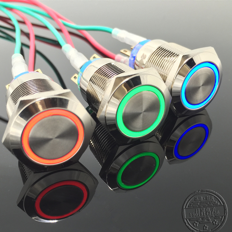 19MM带环形灯金属按钮开关汽车自复电源自锁防水开关12v24v220v6v