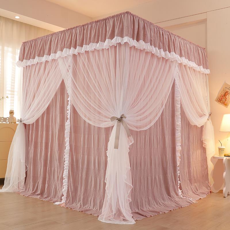 新款宫廷落地蚊帐家用卧室遮光布床帘一体式防尘挡风保暖公主床幔