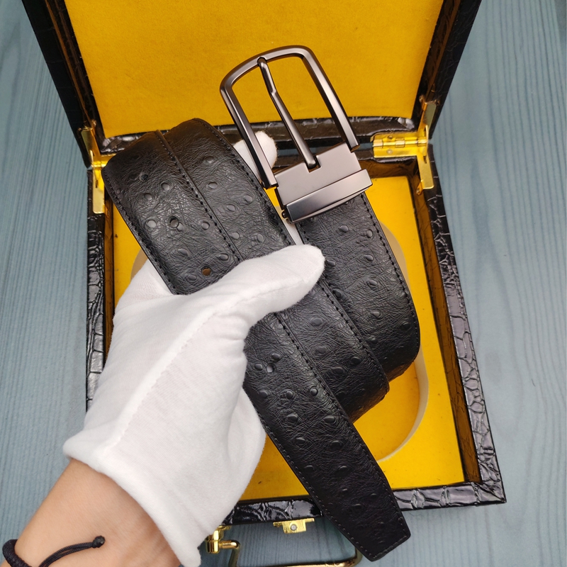 头层牛皮鸵鸟纹皮带男士真皮商务腰带纯皮高档正装百搭针扣裤腰带