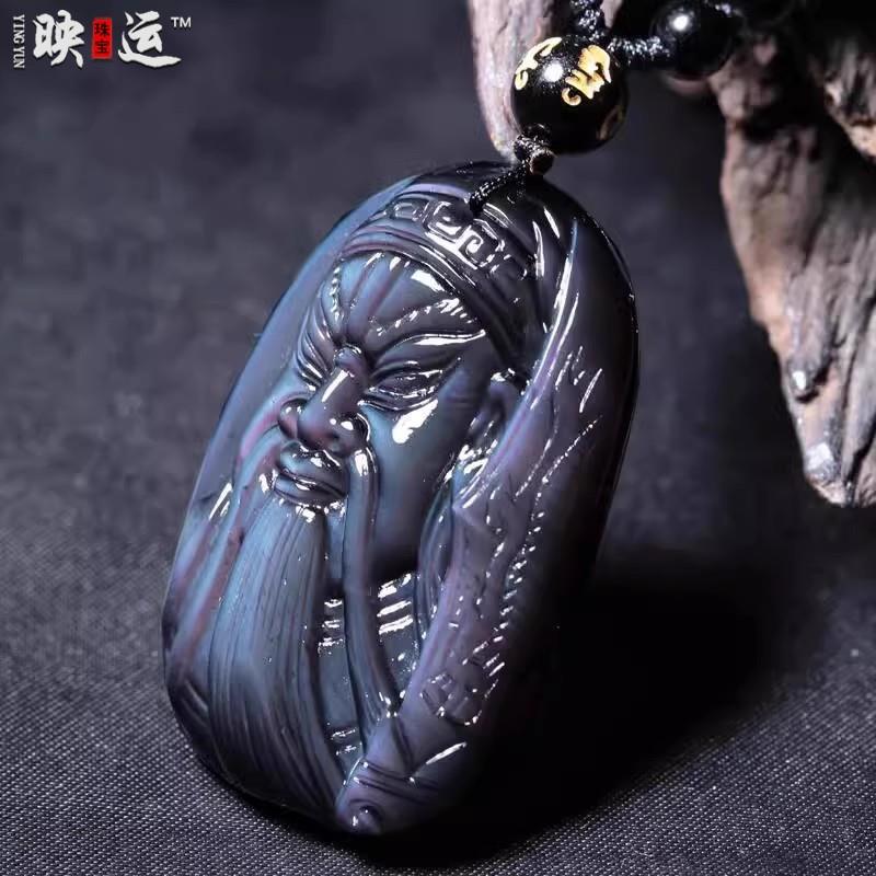 2025天然冰彩蓝眼黑曜石关公吊坠霸气关二爷关羽武财神挂件男霸气