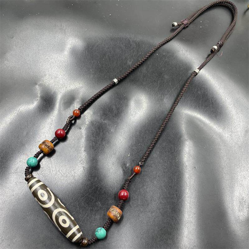 2026四海玉器 藏式覆古西藏老玛瑙九眼天珠锁骨炼 马蹄纹三眼天珠