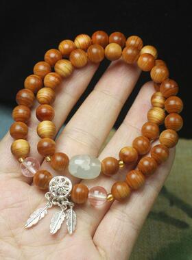 2026柏木高油8mm双层手串手链银色羽毛款 男女文玩佛珠念珠饰品