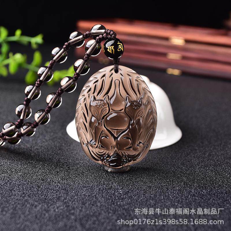 2026天然冰种黑曜石双狐催缘吊坠水晶狐狸九尾狐仙女款饰品 礼物