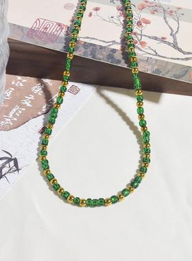 2026进口捷克琉璃项链女法式跨境复古绿色配饰时尚高级感毛衣链首
