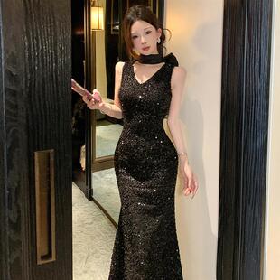 氛围感黑色V领亮片无袖 晚宴连衣裙女 高级礼服裙轻奢性感鱼尾修身