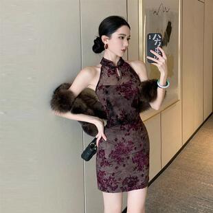 包臀气质连衣裙 性感无袖 改良复古旗袍裙植绒网纱印花无袖 挂脖时尚