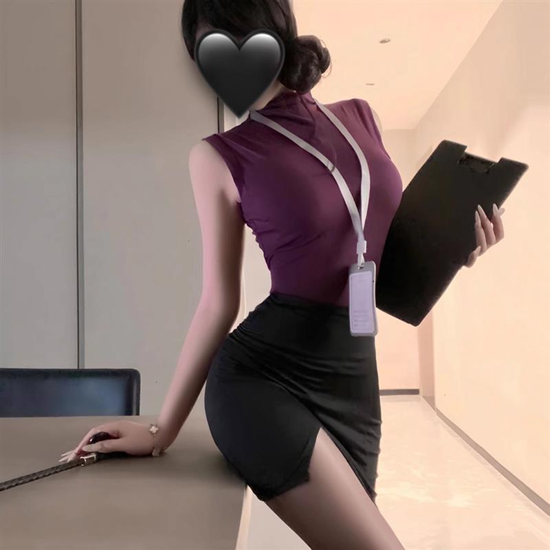 性感御姐气质OL办公室秘书制服紫色无袖显身材上衣包臀短裙两件套